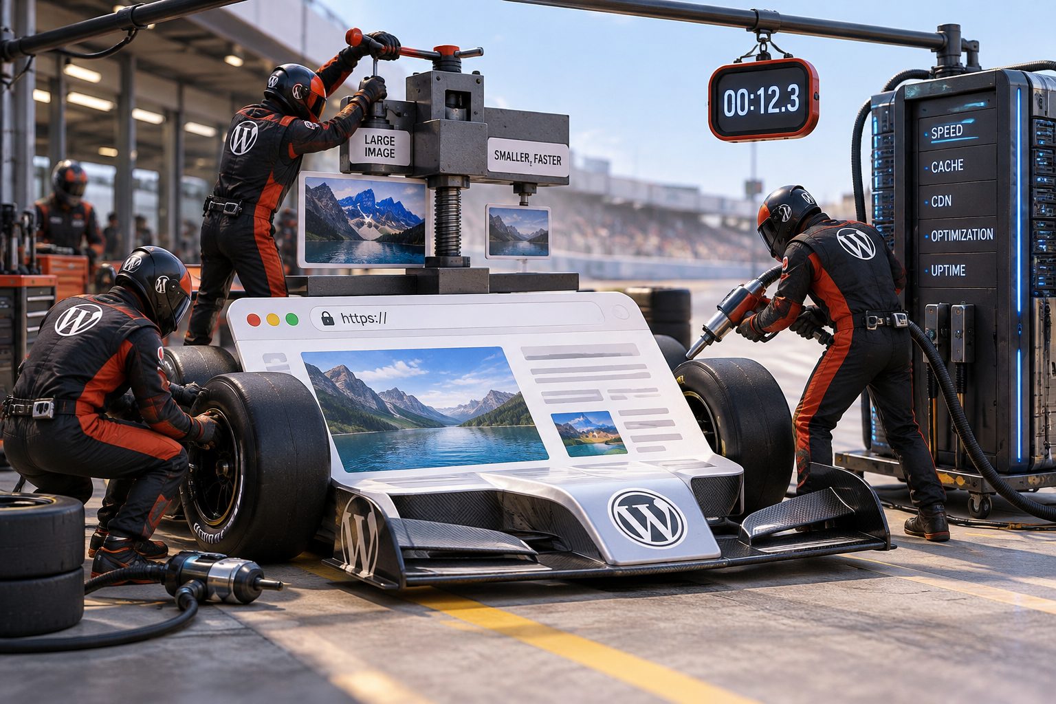 Pit crew tuning a website race car